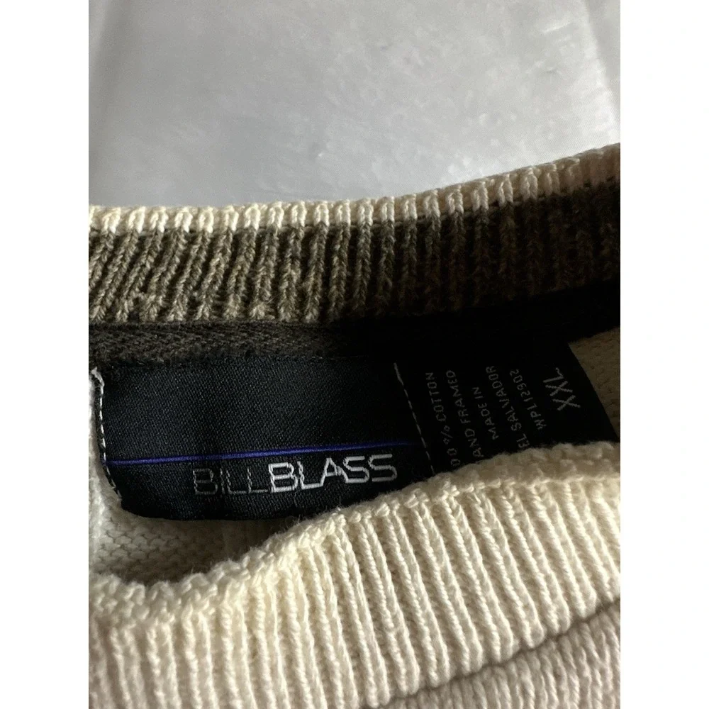 Bill Blass long sleeve cream gray black striped crewneck knit‎ sweater men's XXL